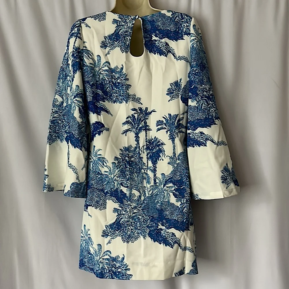 Mestiza NWT Gorgeous Cream/Blue Palm Tree 3/4 Bell Sleeve Mini Dress **Size XS** - Picture 2 of 6